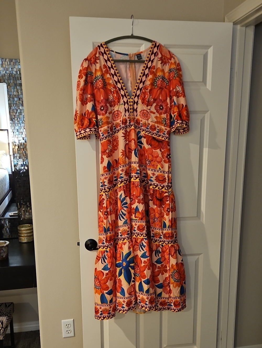 SHEIN Orange Multi Floral V-Neck Tiered Midi Dress